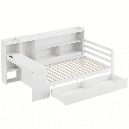 Sofá-cama 90 x 200 cm - Com secretária, estante, compartimentos e tomada - Branco Sofá-cama 90 x 200 cm - Com secretária, estante, compartimentos e tomada - Branco