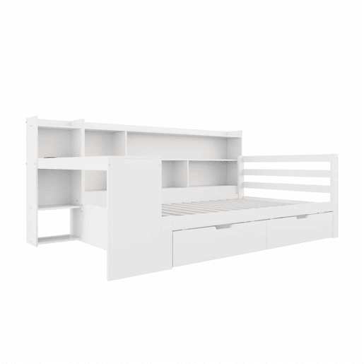 Sofá-cama 90 x 200 cm - Com secretária, estante, compartimentos e tomada - Branco Sofá-cama 90 x 200 cm - Com secretária, estante, compartimentos e tomada - Branco