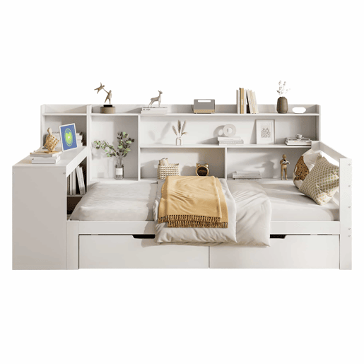 Sofá-cama 90 x 200 cm - Com secretária, estante, compartimentos e tomada - Branco Sofá-cama 90 x 200 cm - Com secretária, estante, compartimentos e tomada - Branco