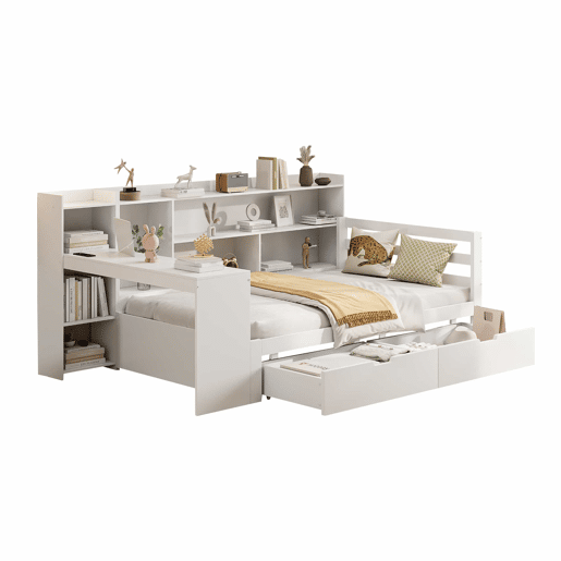 Sofá-cama 90 x 200 cm - Com secretária, estante, compartimentos e tomada - Branco Sofá-cama 90 x 200 cm - Com secretária, estante, compartimentos e tomada - Branco