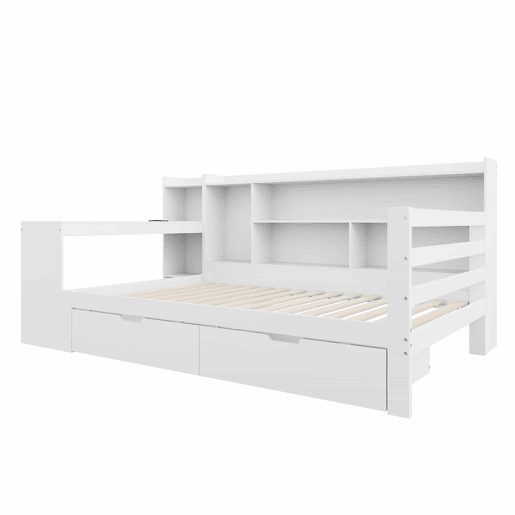 Sofá-cama 90 x 200 cm - Com secretária, estante, compartimentos e tomada - Branco Sofá-cama 90 x 200 cm - Com secretária, estante, compartimentos e tomada - Branco
