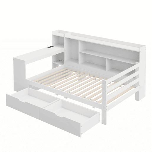 Sofá-cama 90 x 200 cm - Com secretária, estante, compartimentos e tomada - Branco Sofá-cama 90 x 200 cm - Com secretária, estante, compartimentos e tomada - Branco