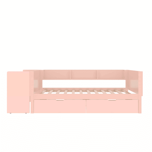 Cama individual 90x200cm - com secretária, 2 gavetas, prateleiras, madeira de pinho + MDF - Rosa