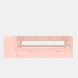 Cama individual 90x200cm - com secretária, 2 gavetas, prateleiras, madeira de pinho + MDF - Rosa