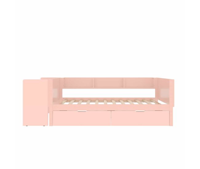 Cama individual 90x200cm - con escritorio, 2 cajones, estantes, madera de pino + mdf - rosa