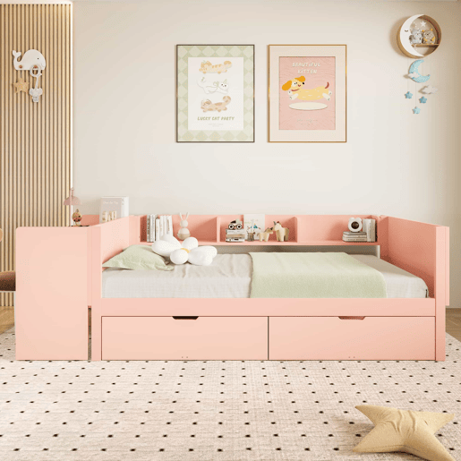 Cama individual 90x200cm - com secretária, 2 gavetas, prateleiras, madeira de pinho + MDF - Rosa