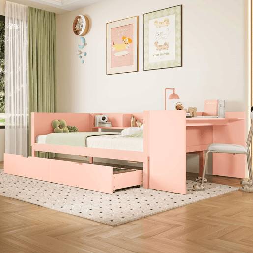 Cama individual 90x200cm - com secretária, 2 gavetas, prateleiras, madeira de pinho + MDF - Rosa