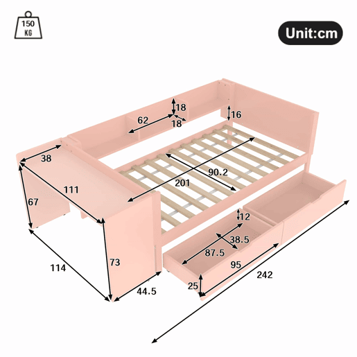 Cama individual 90x200cm - com secretária, 2 gavetas, prateleiras, madeira de pinho + MDF - Rosa