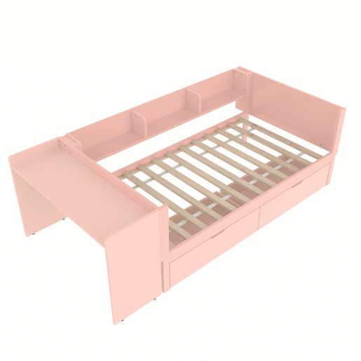 Cama individual 90x200cm - com secretária, 2 gavetas, prateleiras, madeira de pinho + MDF - Rosa