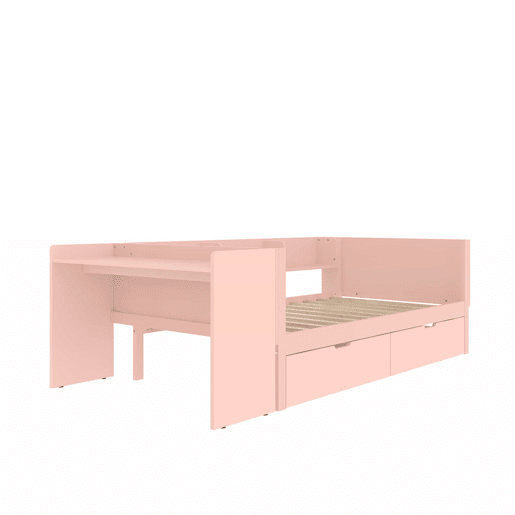 Cama individual 90x200cm - com secretária, 2 gavetas, prateleiras, madeira de pinho + MDF - Rosa