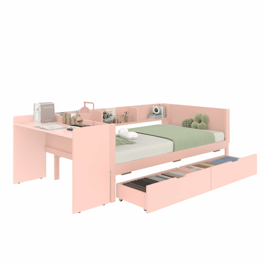 Cama individual 90x200cm - com secretária, 2 gavetas, prateleiras, madeira de pinho + MDF - Rosa