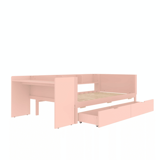 Cama individual 90x200cm - com secretária, 2 gavetas, prateleiras, madeira de pinho + MDF - Rosa