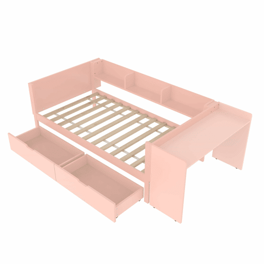 Cama individual 90x200cm - com secretária, 2 gavetas, prateleiras, madeira de pinho + MDF - Rosa