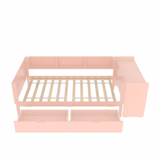 Cama individual 90x200cm - com secretária, 2 gavetas, prateleiras, madeira de pinho + MDF - Rosa