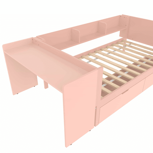 Cama individual 90x200cm - com secretária, 2 gavetas, prateleiras, madeira de pinho + MDF - Rosa