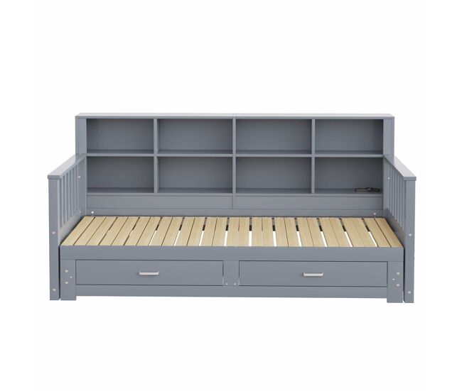 Sofá cama extensible 90/180x190 cm - con armario de almacenamiento, 2 cajones y somier, multifuncional - gris