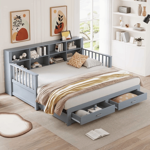 Sofá-cama extensível 90180x190 cm - Com armário de arrumação, 2 gavetas e estrado, multifuncional - Cinza