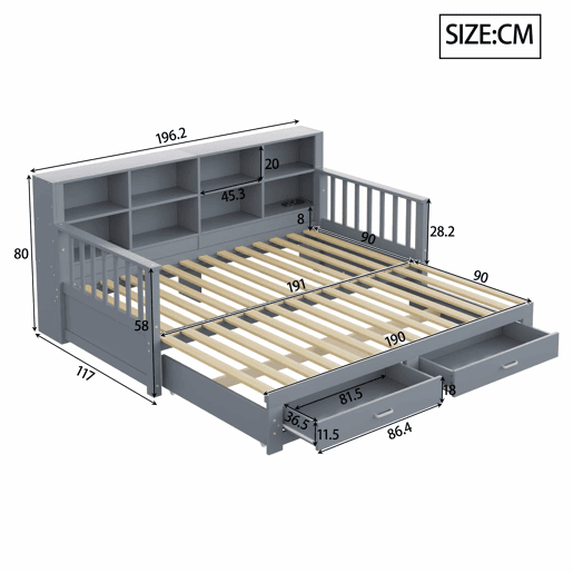 Sofá-cama extensível 90180x190 cm - Com armário de arrumação, 2 gavetas e estrado, multifuncional - Cinza