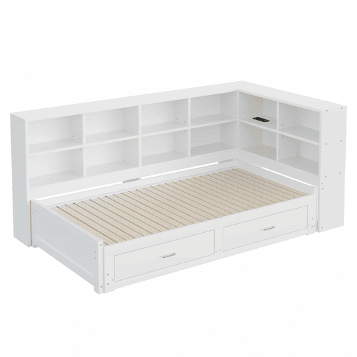Sofá-cama multifuncional 90180*190 cm - Com cama extraível, compartimento de arrumação, tomada euro, gavetas, estrado - Branco