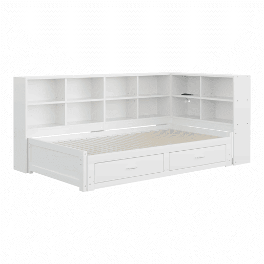 Sofá-cama multifuncional 90180*190 cm - Com cama extraível, compartimento de arrumação, tomada euro, gavetas, estrado - Branco