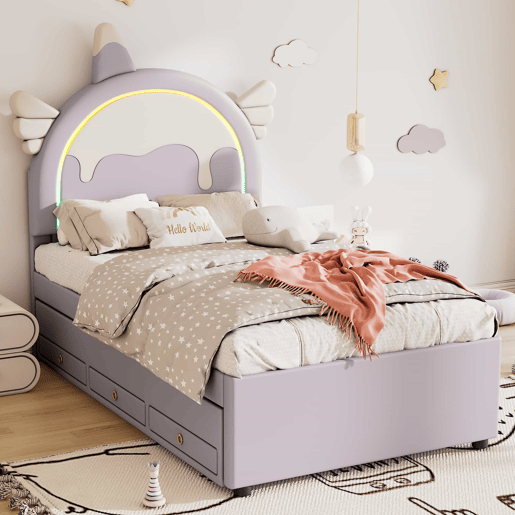 Cama de criança 90x200cm com cama com gavetão 90x190cm - cabeceira em forma de unicórnio com LED - em couro ecológico - Roxo claro