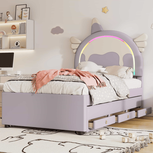 Cama de criança 90x200cm com cama com gavetão 90x190cm - cabeceira em forma de unicórnio com LED - em couro ecológico - Roxo claro