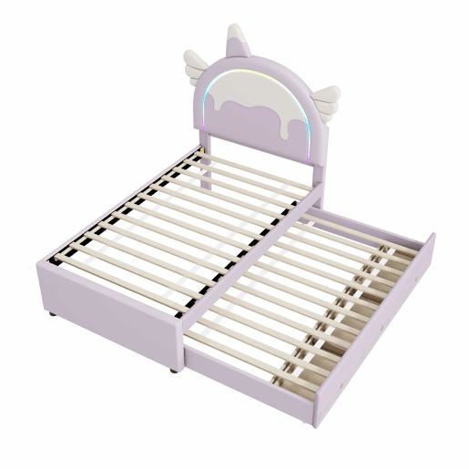 Cama de criança 90x200cm com cama com gavetão 90x190cm - cabeceira em forma de unicórnio com LED - em couro ecológico - Roxo claro