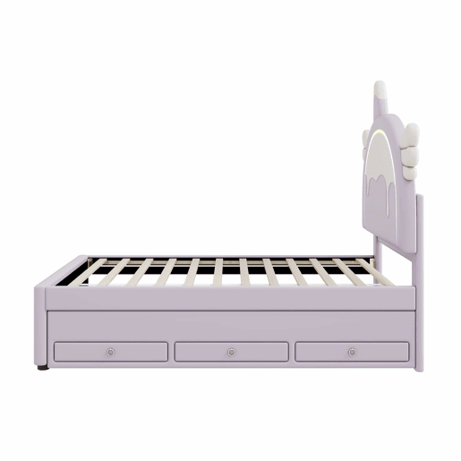 Cama de criança 90x200cm com cama com gavetão 90x190cm - cabeceira em forma de unicórnio com LED - em couro ecológico - Roxo claro