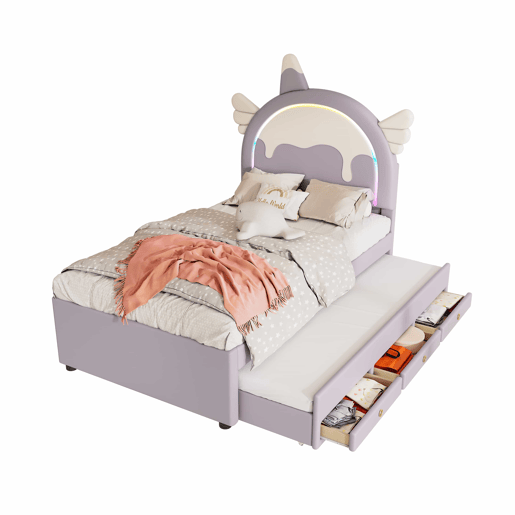 Cama de criança 90x200cm com cama com gavetão 90x190cm - cabeceira em forma de unicórnio com LED - em couro ecológico - Roxo claro