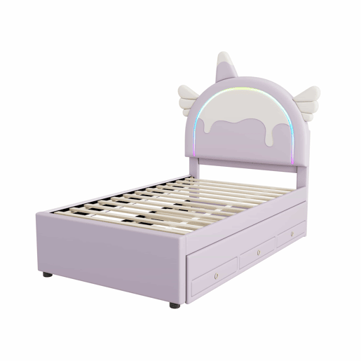 Cama de criança 90x200cm com cama com gavetão 90x190cm - cabeceira em forma de unicórnio com LED - em couro ecológico - Roxo claro
