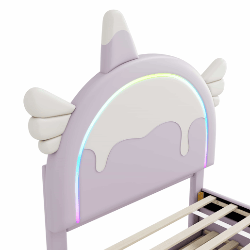 Cama de criança 90x200cm com cama com gavetão 90x190cm - cabeceira em forma de unicórnio com LED - em couro ecológico - Roxo claro