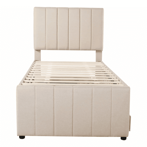 Cama estofada em linho 90x200 cm - com cama com rodízios e 3 gavetas - Bege