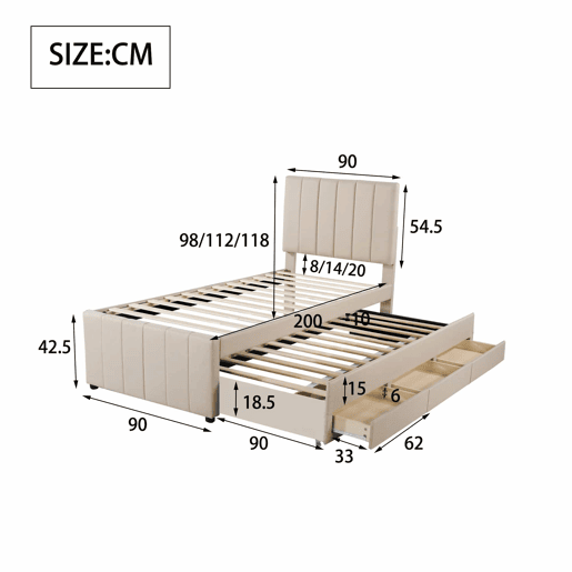 Cama estofada em linho 90x200 cm - com cama com rodízios e 3 gavetas - Bege