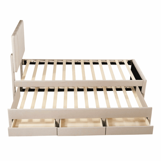 Cama estofada em linho 90x200 cm - com cama com rodízios e 3 gavetas - Bege
