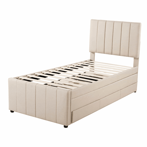 Cama estofada em linho 90x200 cm - com cama com rodízios e 3 gavetas - Bege