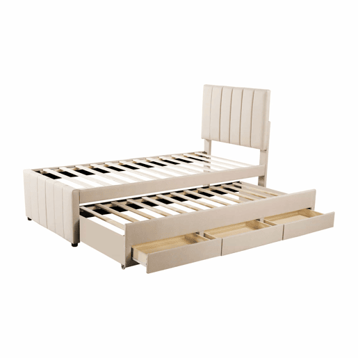 Cama estofada em linho 90x200 cm - com cama com rodízios e 3 gavetas - Bege