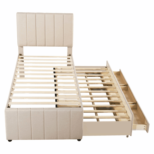Cama estofada em linho 90x200 cm - com cama com rodízios e 3 gavetas - Bege