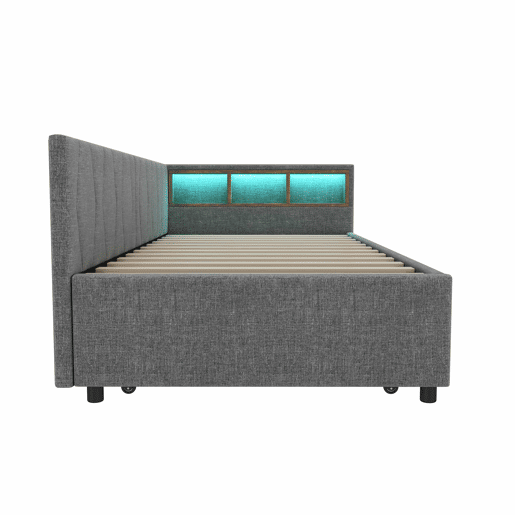 Cama Daybett 90x200cm - Sofá-cama, com compartimento, USB+Tipo C, controlo remoto para luz LED, cama extraível, com estrado, linho, cinzento