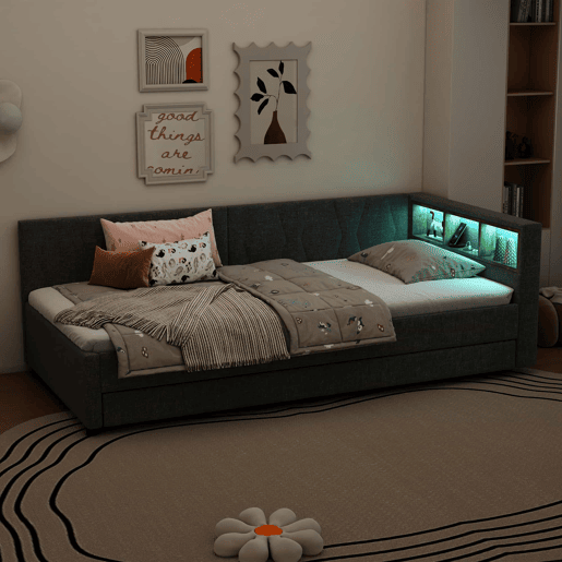 Cama Daybett 90x200cm - Sofá-cama, com compartimento, USB+Tipo C, controlo remoto para luz LED, cama extraível, com estrado, linho, cinzento