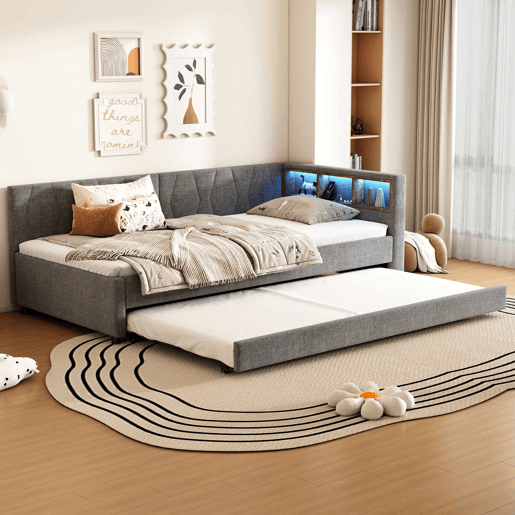 Cama Daybett 90x200cm - Sofá-cama, com compartimento, USB+Tipo C, controlo remoto para luz LED, cama extraível, com estrado, linho, cinzento