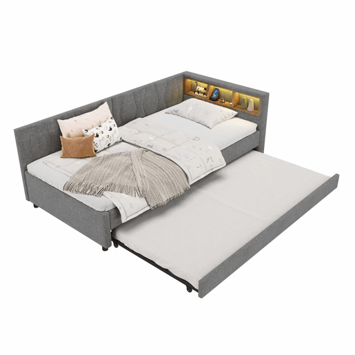Cama Daybett 90x200cm - Sofá-cama, com compartimento, USB+Tipo C, controlo remoto para luz LED, cama extraível, com estrado, linho, cinzento