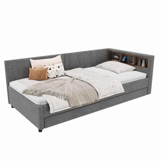 Cama Daybett 90x200cm - Sofá-cama, com compartimento, USB+Tipo C, controlo remoto para luz LED, cama extraível, com estrado, linho, cinzento