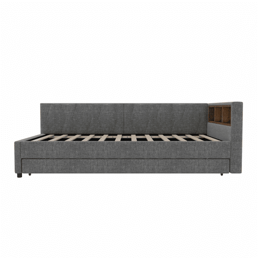 Cama Daybett 90x200cm - Sofá-cama, com compartimento, USB+Tipo C, controlo remoto para luz LED, cama extraível, com estrado, linho, cinzento