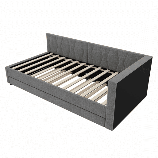 Cama Daybett 90x200cm - Sofá-cama, com compartimento, USB+Tipo C, controlo remoto para luz LED, cama extraível, com estrado, linho, cinzento