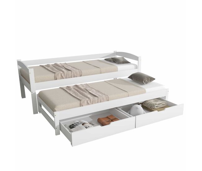 Cama nido 200x90/190x90 - con somier deslizante y 2 cajones de almacenamiento - blanco