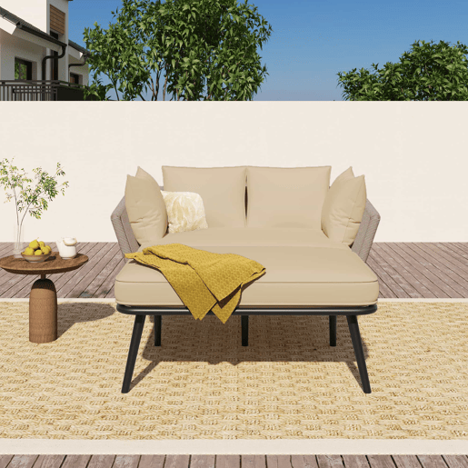 Sofá de jardim de 2 lugares - Com 2 almofadas e 2 almofadões, removíveis e laváveis - Cáqui