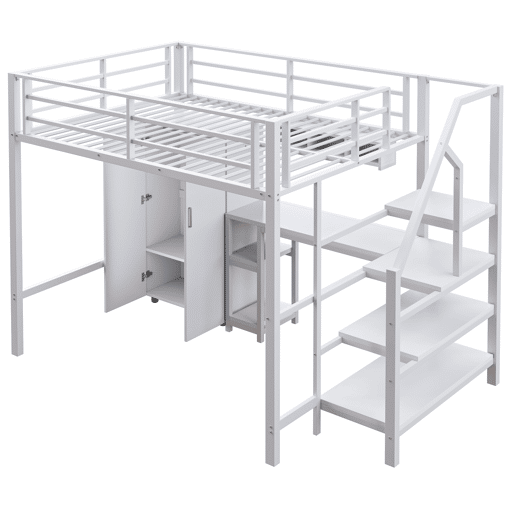 Cama alta metálica 140x200 cm - com secretária, roupeiro e escada de arrumação - Branco