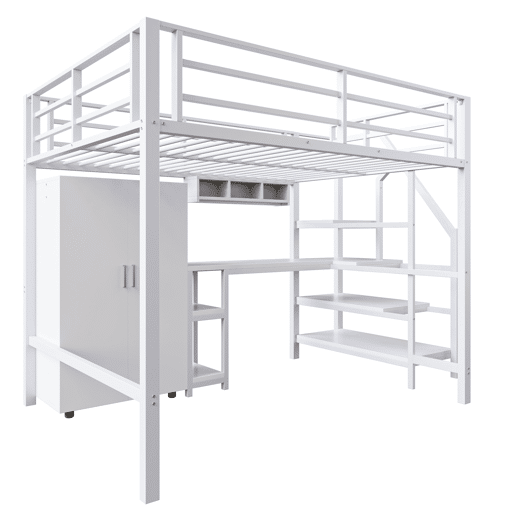 Cama alta metálica 140x200 cm - com secretária, roupeiro e escada de arrumação - Branco