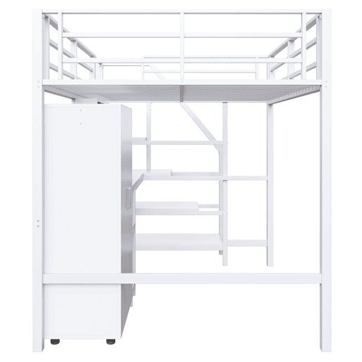 Cama alta metálica 140x200 cm - com secretária, roupeiro e escada de arrumação - Branco