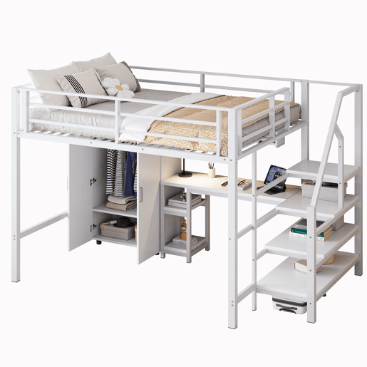 Cama alta metálica 140x200 cm - com secretária, roupeiro e escada de arrumação - Branco